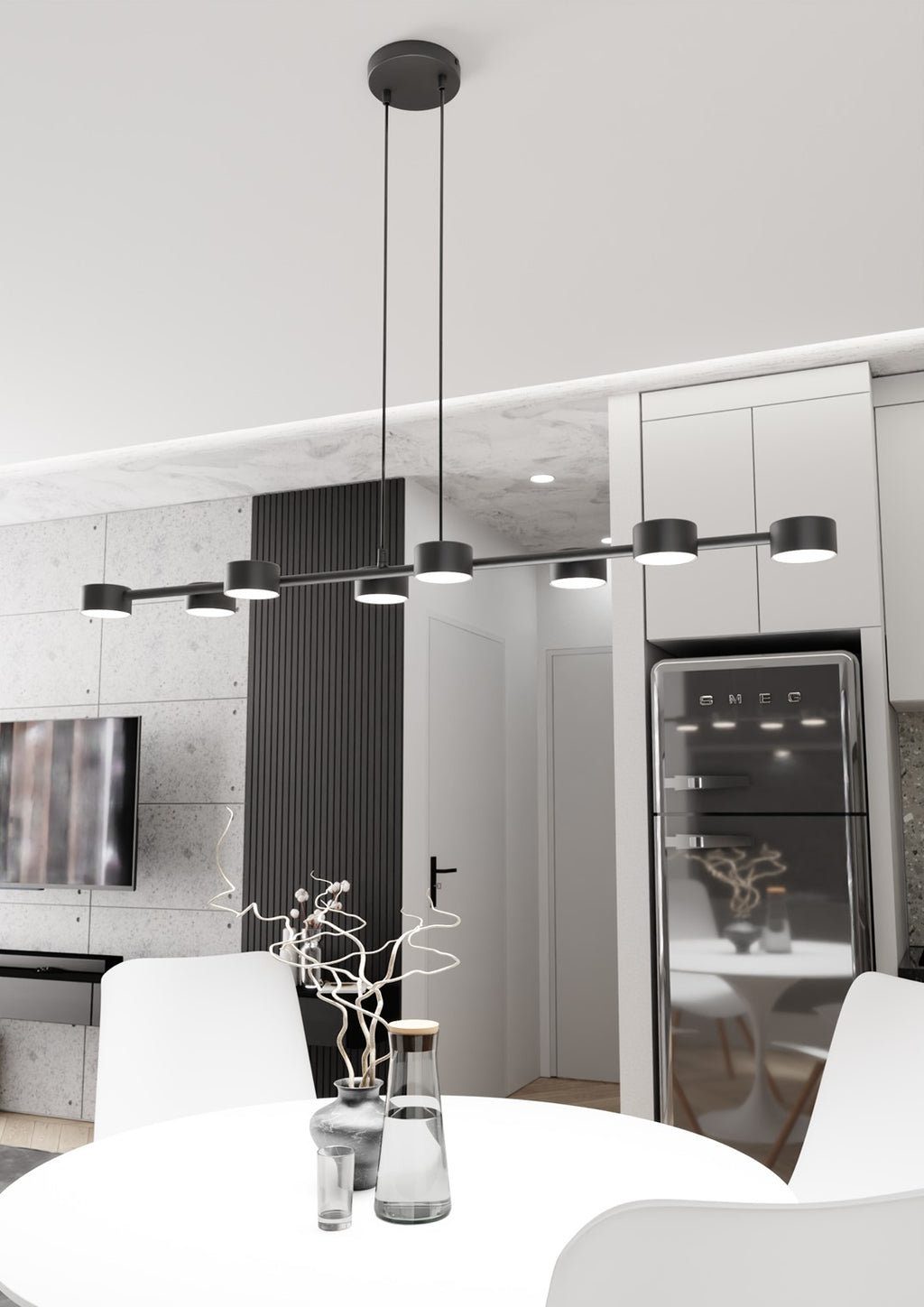 Hanglamp gepoedercoat staal modern Megara zwart 100 x 19 x 140 cm, 8 lichtpunten voor eettafel