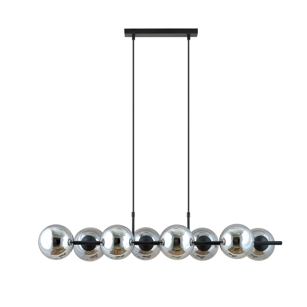 Hanglamp gepoedercoat staal en glas Rory, zwart met grafiet glazen kappen, 115 cm breed, 8 lichtpunten, eettafel
