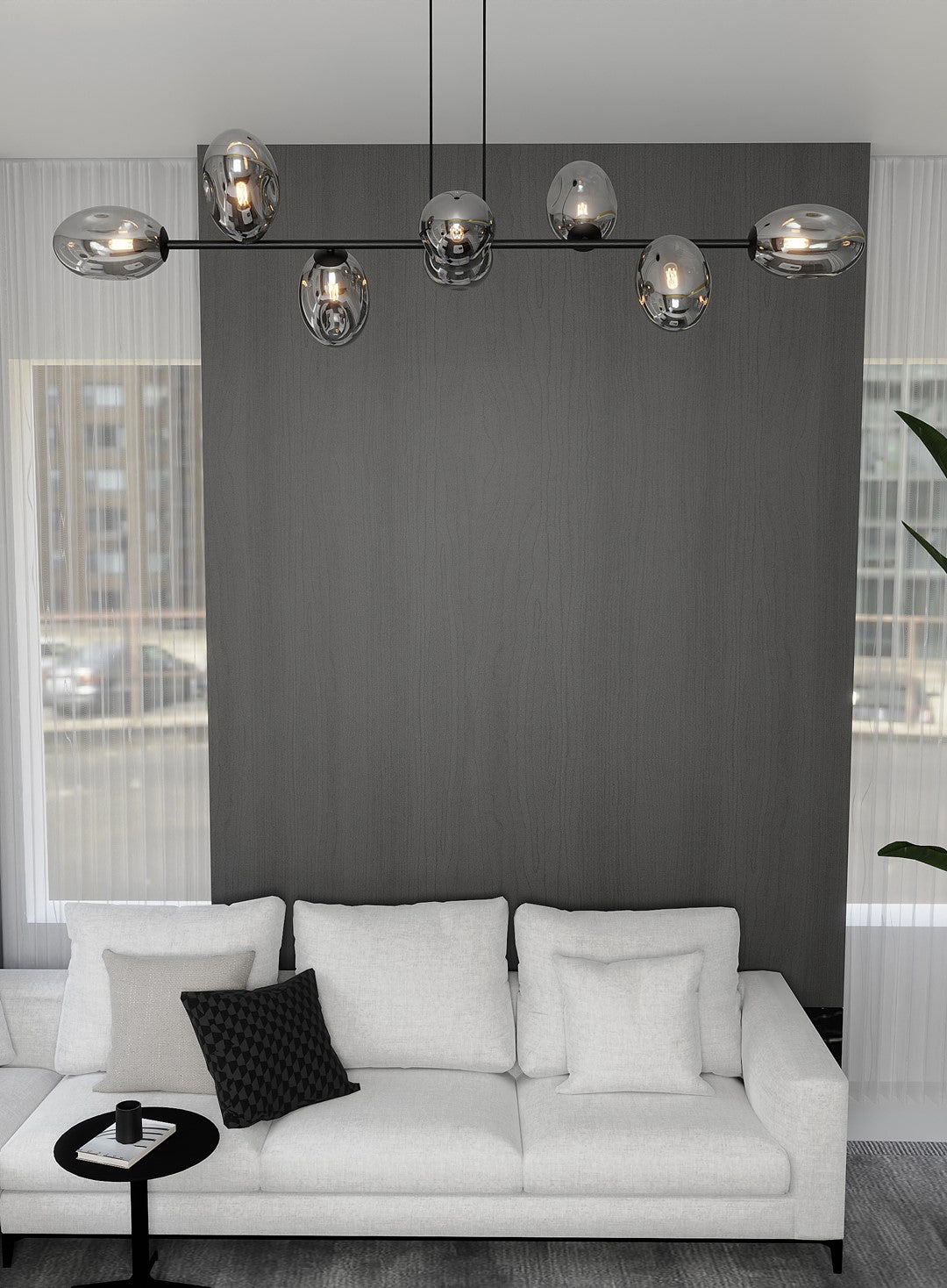 Hanglamp gepoedercoat staal en glas Pandora, modern, zwart met grafiet kappen, 8 lichtpunten E14, 140 cm