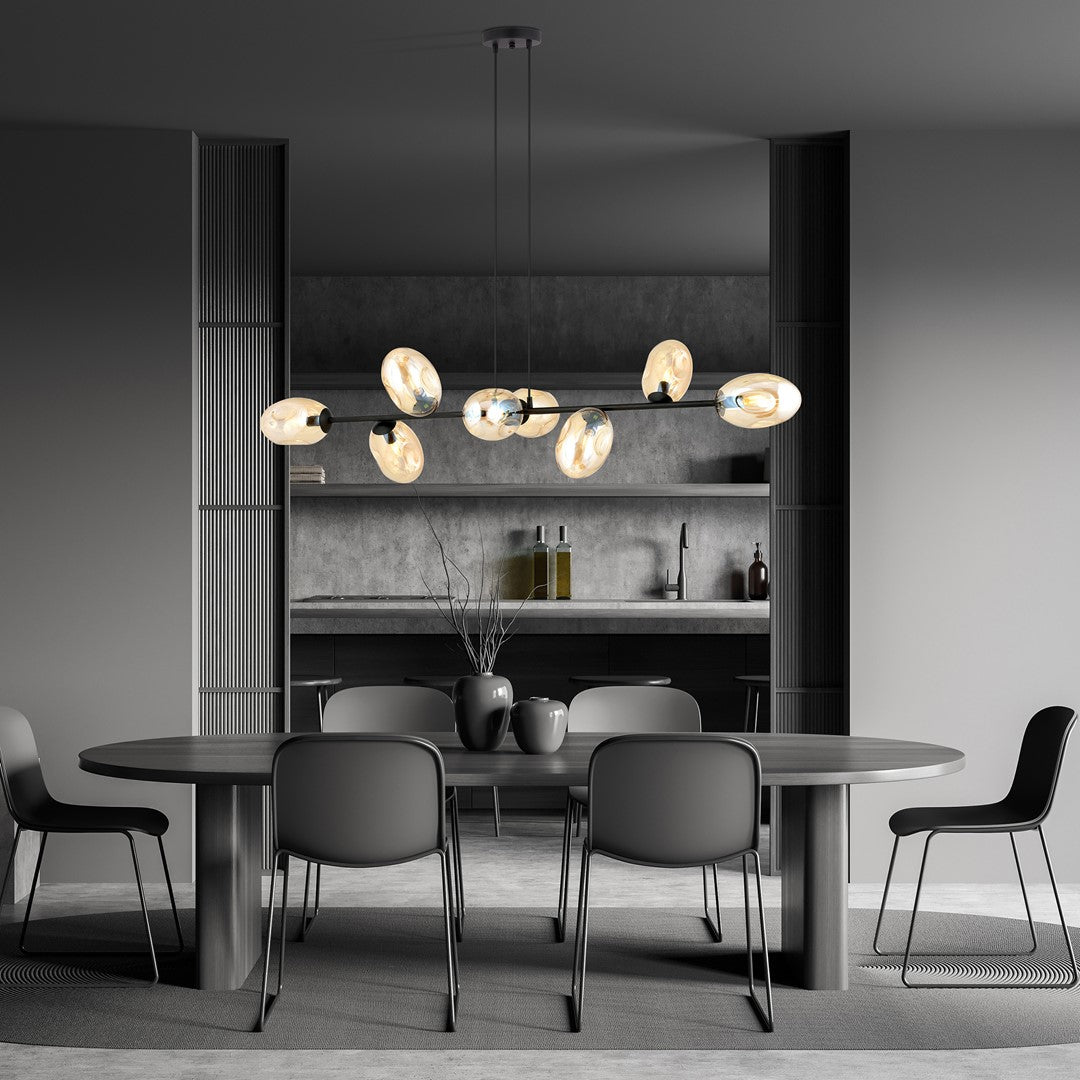 Hanglamp gepoedercoat staal en glas Pandora 8 lichts, zwart met amberkleurige kappen, 140 cm breed, eettafel of woonkamer