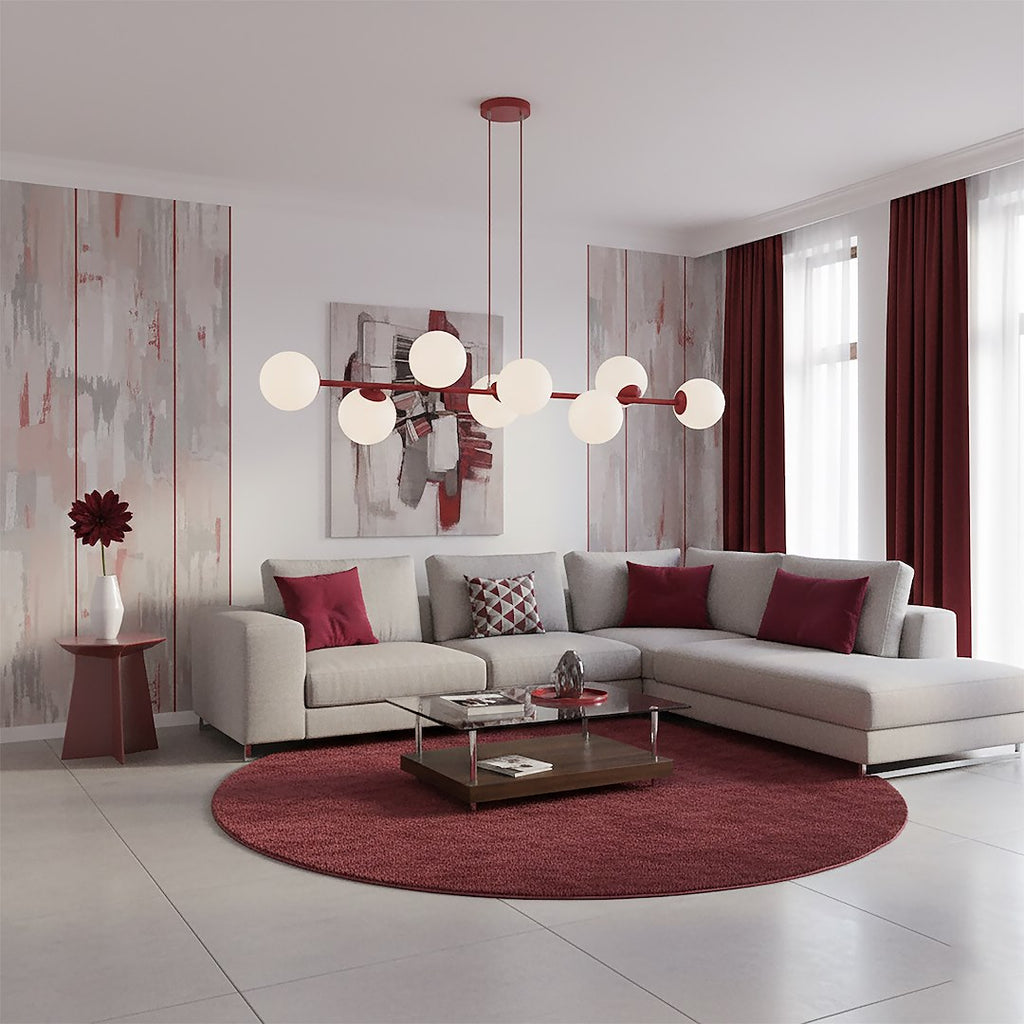 Hanglamp gepoedercoat staal modern Magnus bordeaux met witte glazen kappen, 8 fittingen E14, 130 x 30 cm
