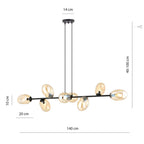 Hanglamp gepoedercoat staal en glas Pandora 8 lichts, zwart met amberkleurige kappen, 140 cm breed, eettafel of woonkamer