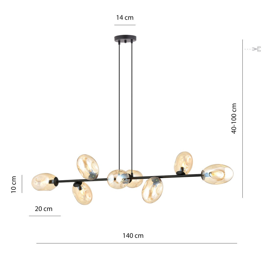 Hanglamp gepoedercoat staal en glas Pandora 8 lichts, zwart met amberkleurige kappen, 140 cm breed, eettafel of woonkamer