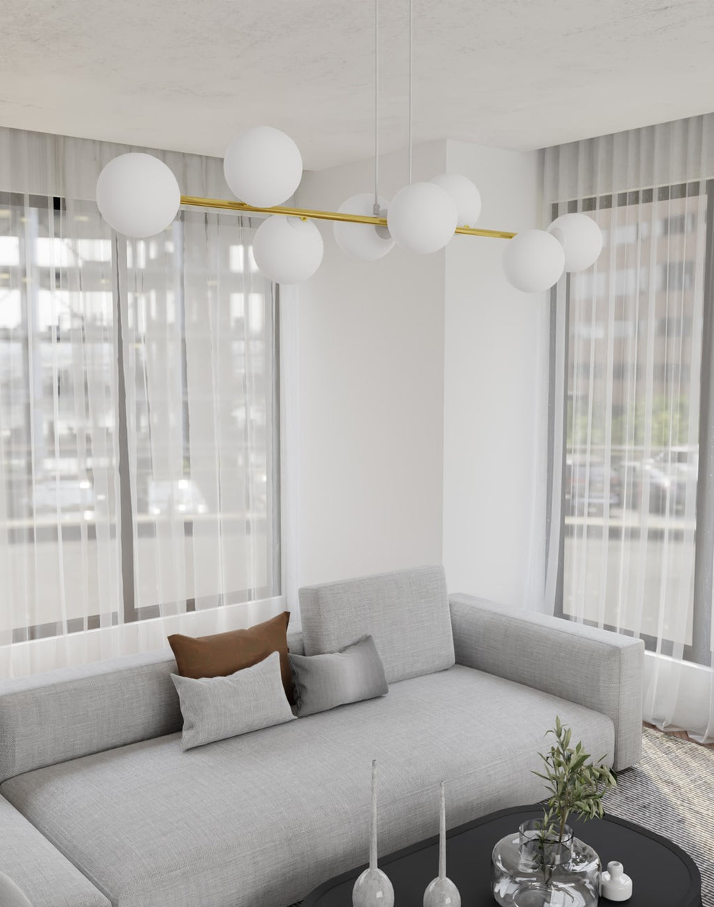Hanglamp gepoedercoat staal en glas Gravity, wit en goud, 140 cm breed, 8 fittingen E14, verstelbare hoogte