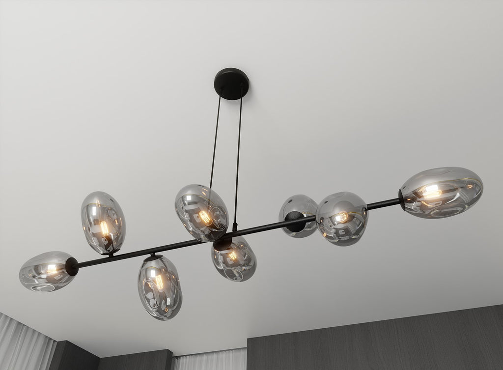 Hanglamp gepoedercoat staal en glas Pandora, modern, zwart met grafiet kappen, 8 lichtpunten E14, 140 cm