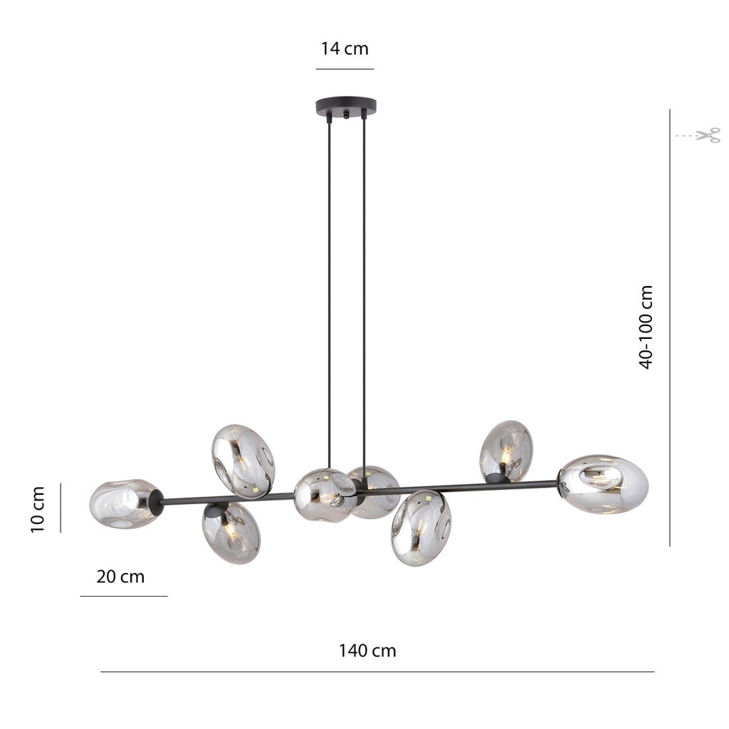 Hanglamp gepoedercoat staal en glas Pandora, modern, zwart met grafiet kappen, 8 lichtpunten E14, 140 cm