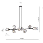 Hanglamp gepoedercoat staal en glas Pandora, modern, zwart met grafiet kappen, 8 lichtpunten E14, 140 cm