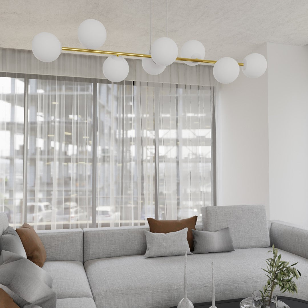 Hanglamp gepoedercoat staal en glas Gravity, wit en goud, 140 cm breed, 8 fittingen E14, verstelbare hoogte