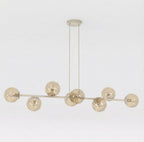 Hanglamp gepoedercoat staal en glas modern Magnus beige met amber kappen 130 cm breed, 8 lichtpunten