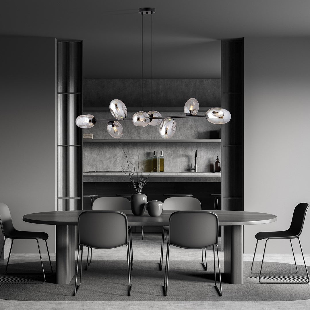Hanglamp gepoedercoat staal en glas Pandora, modern, zwart met grafiet kappen, 8 lichtpunten E14, 140 cm