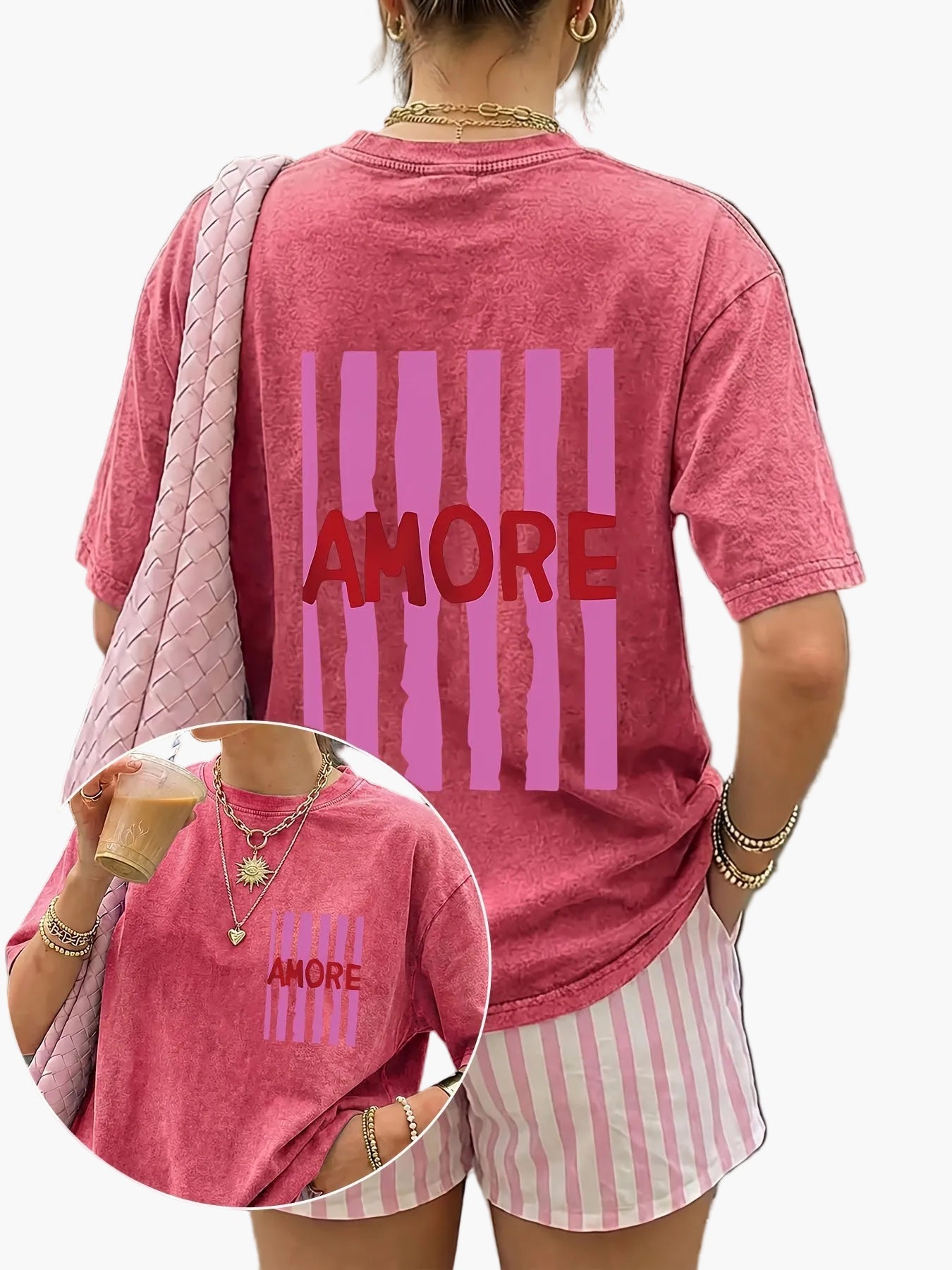 Women's Oversize Casual T-Shirt with 'AMORE' Print and Stripes – Summer Streetwear