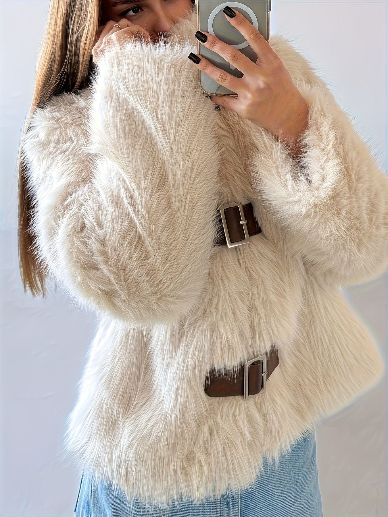 Women's beige faux fur jacket with buckles