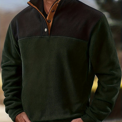 Herren Fleece-Pullover Stehkragen Knopfleiste Patchwork Outdoor