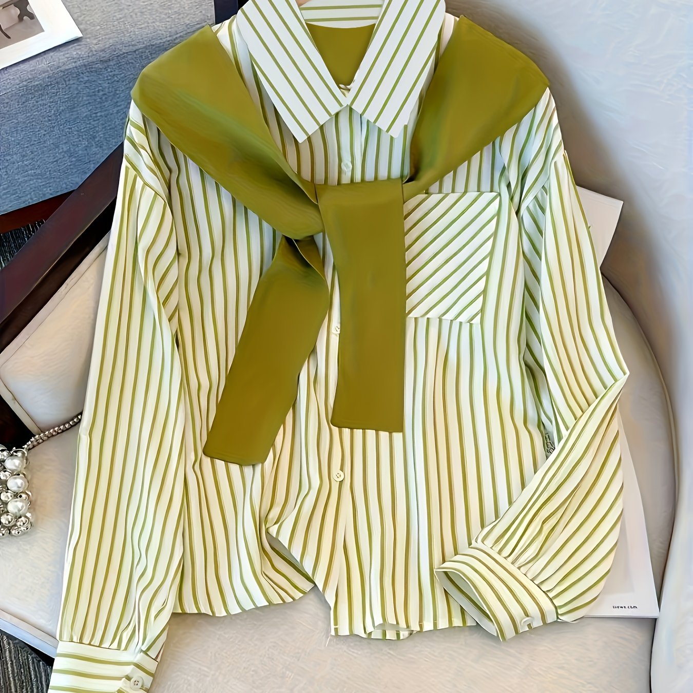Women's striped blouse with tie detail, long-sleeve shirt blouse with chest pocket