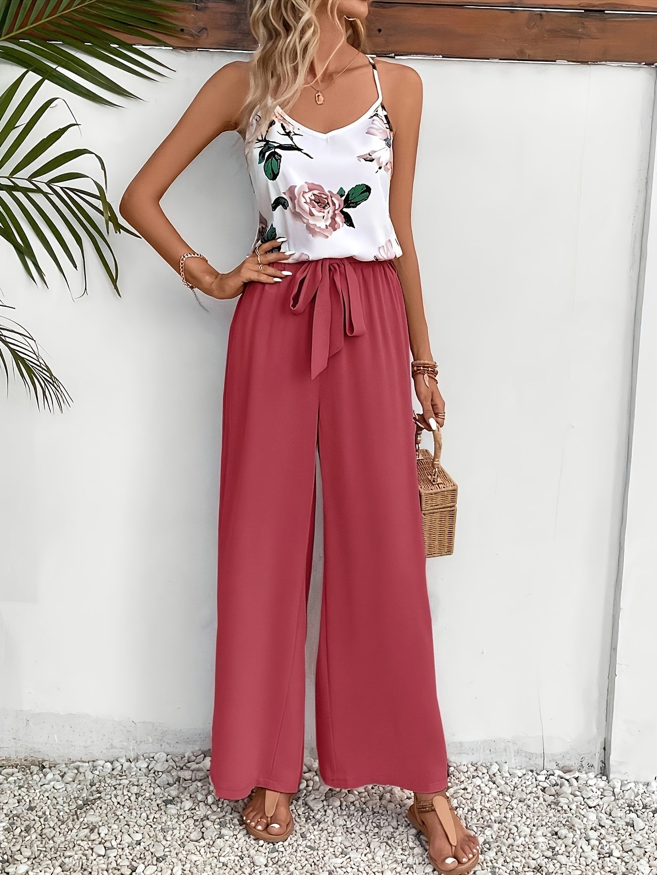 Women's Elegant Jumpsuit with Floral Pattern and Bow Detail for Spring and Summer
