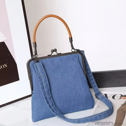 Damen Vintage Handtasche mit Frame-Top und Retro-Charme – Stilvolle Alltagstasche im Denim-Look