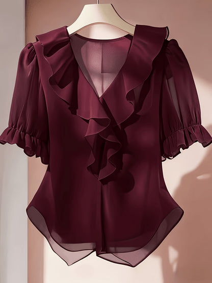 Women's ruffled blouse with frills and puff sleeves – Elegant vintage style for office and leisure