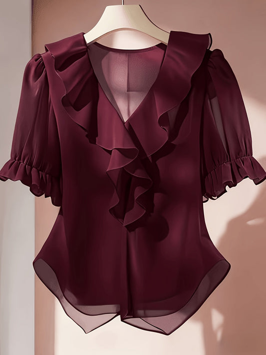 Women's ruffled blouse with frills and puff sleeves – Elegant vintage style for office and leisure