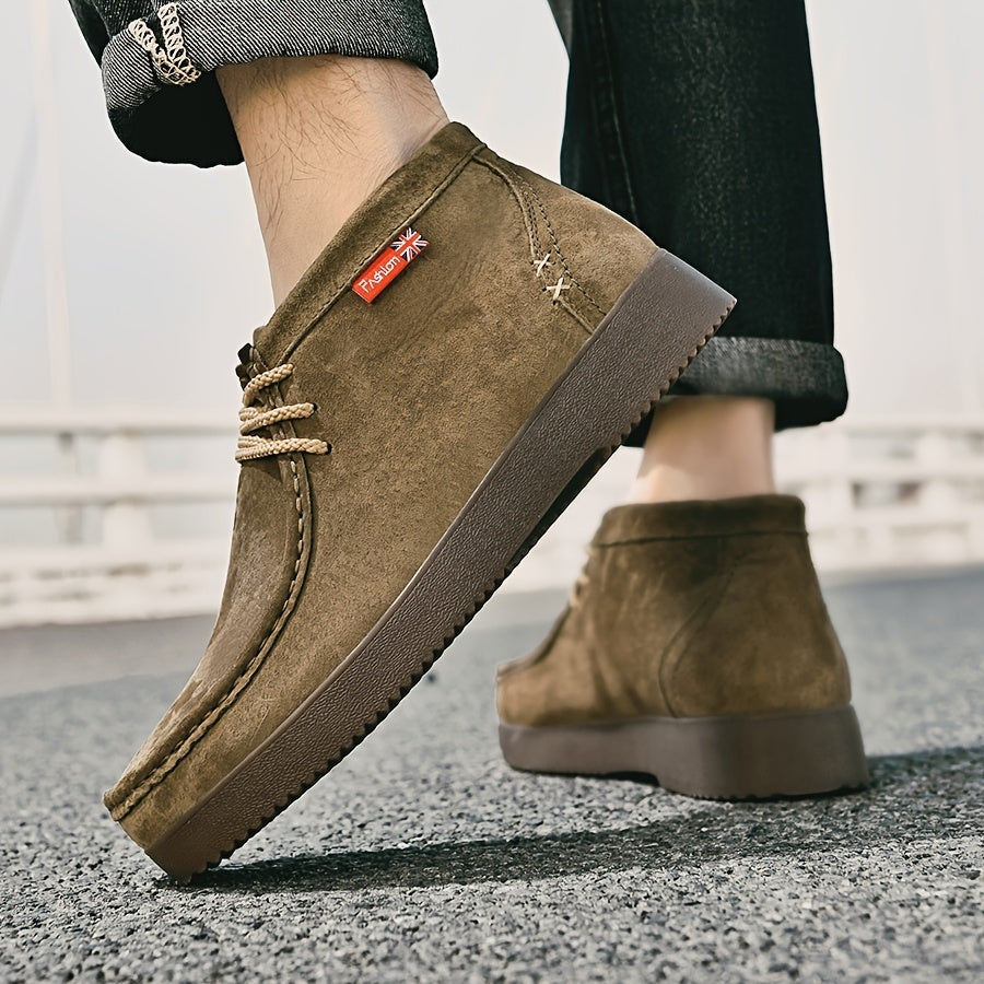 Men’s moccasin ankle boots with laces and a treaded sole in a suede look