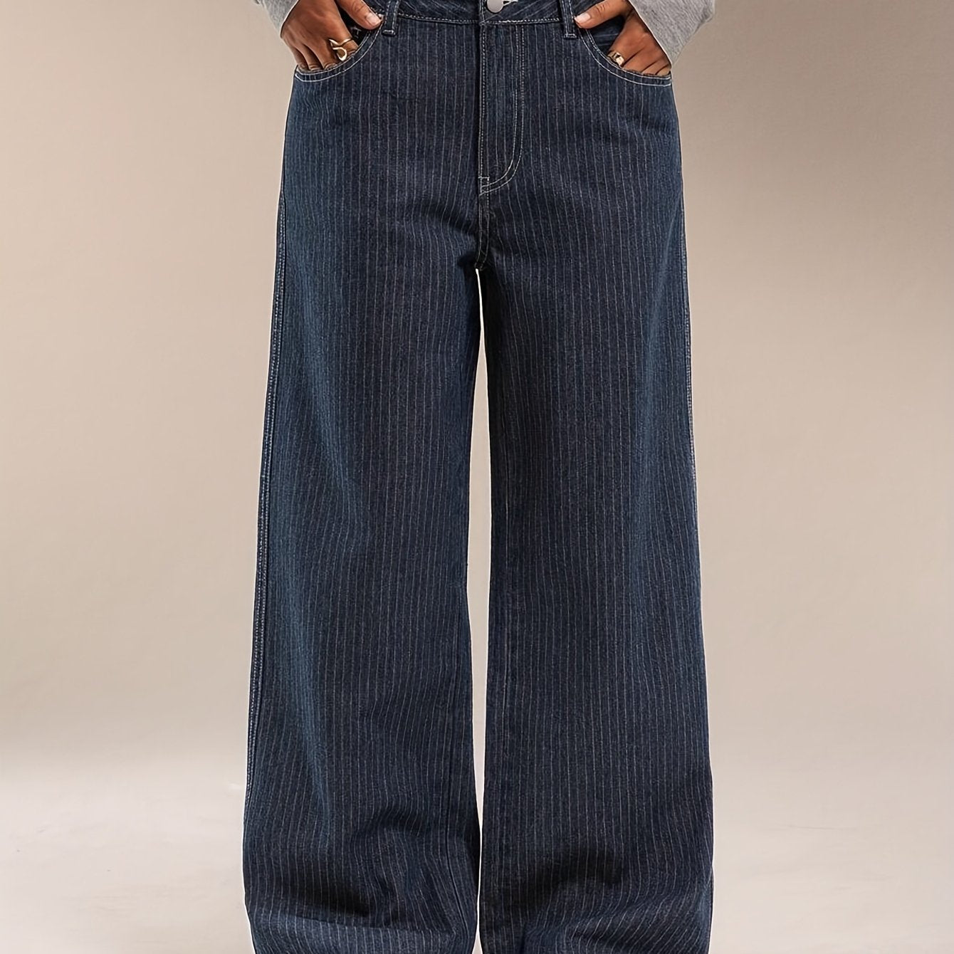 Women's wide-leg striped dark blue jeans