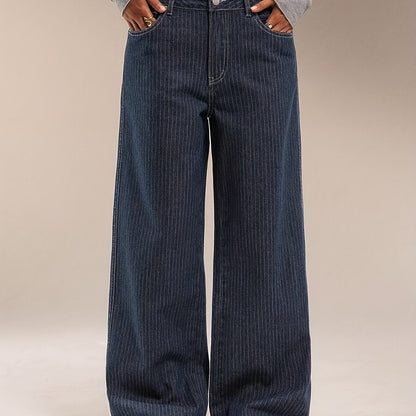 Women's wide-leg striped dark blue jeans