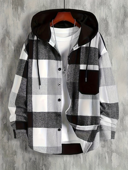 Men's checkered hooded shirt, button placket, black and white