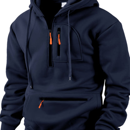 Men's hoodie with half-zip, kangaroo pocket & chest pocket, hooded sweatshirt