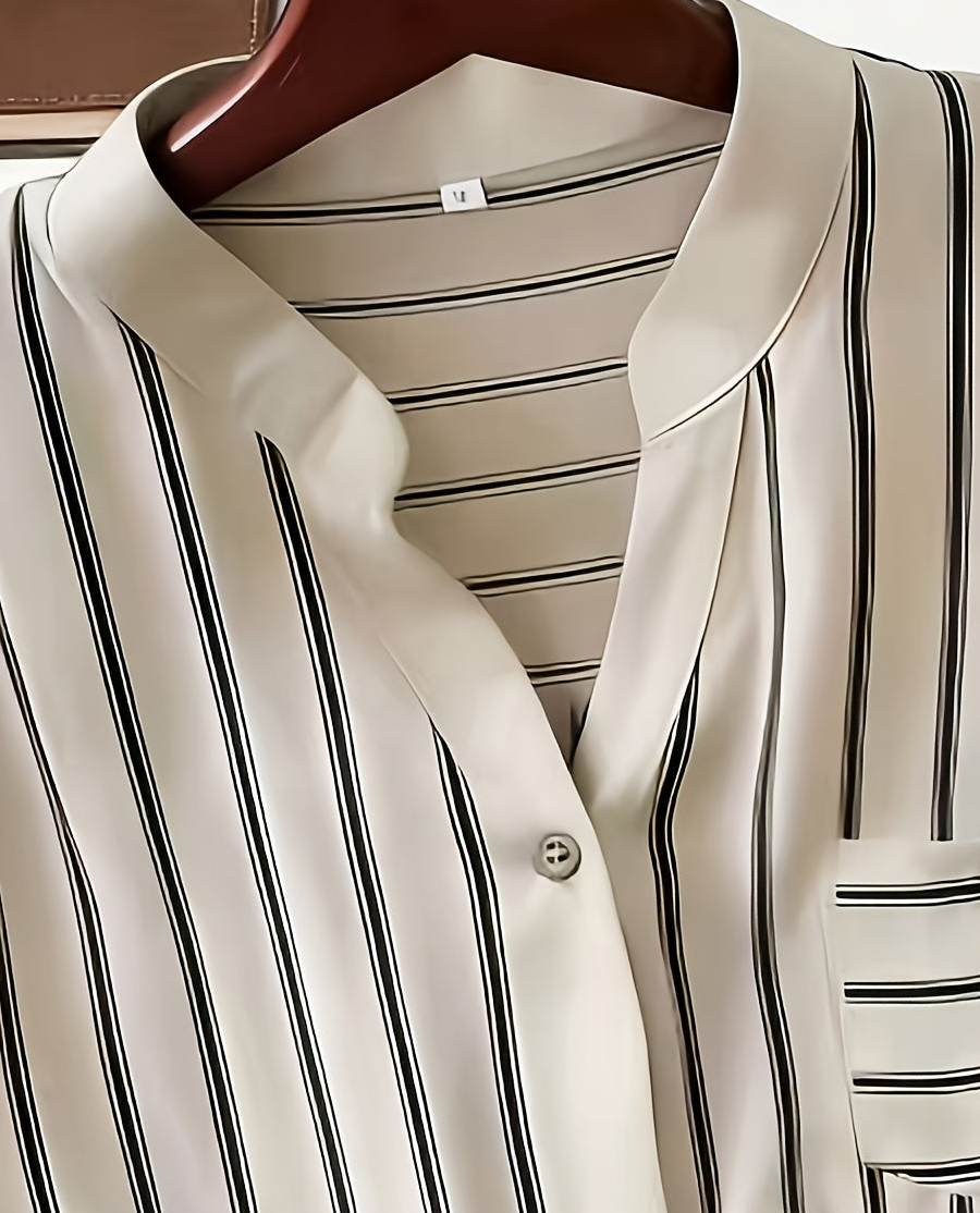 Women's short-sleeve blouse with stand-up collar and button placket – Casual stripes, summer tunic, office & leisure