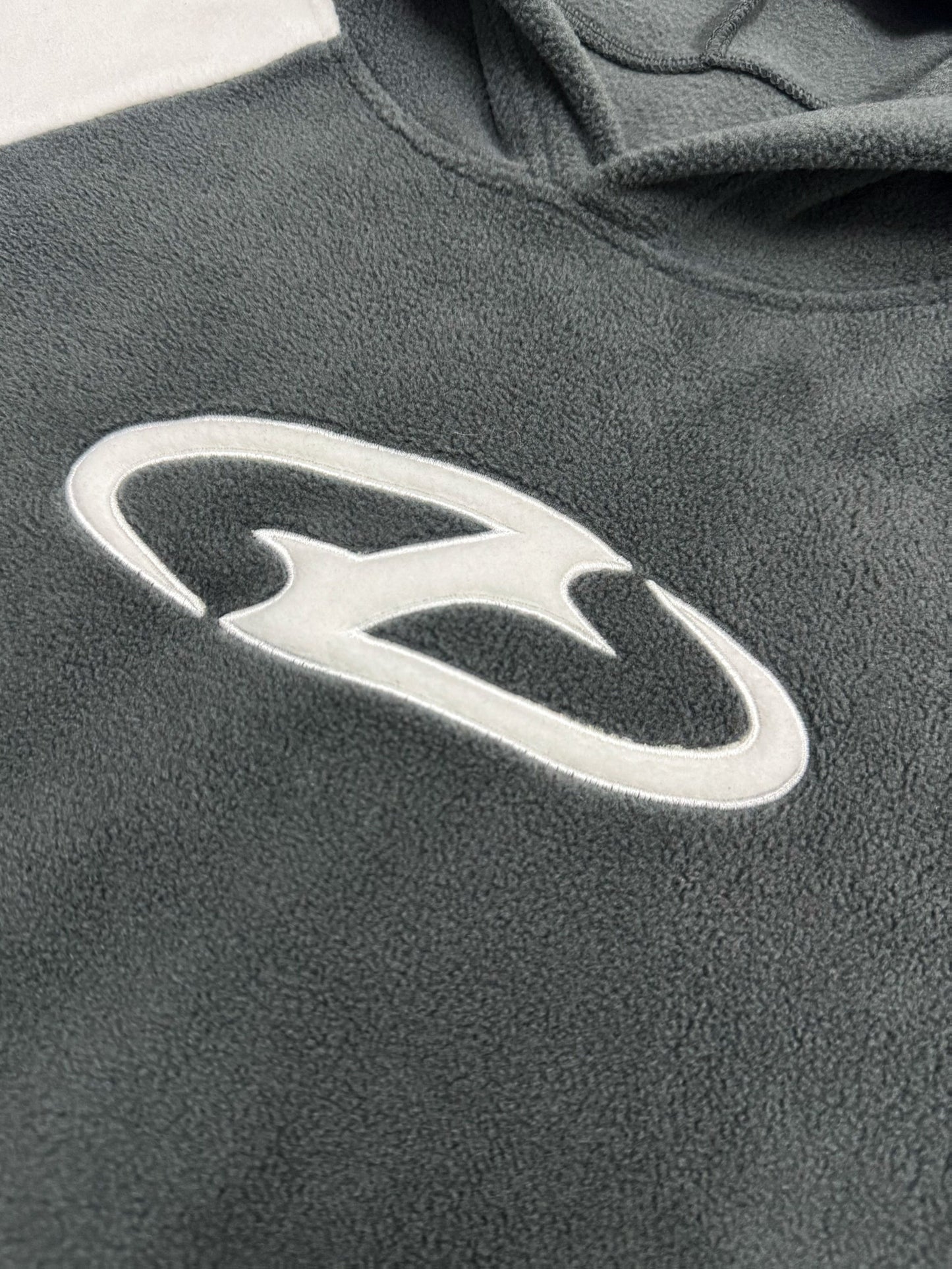 Gray fleece hoodie with logo and white stripes