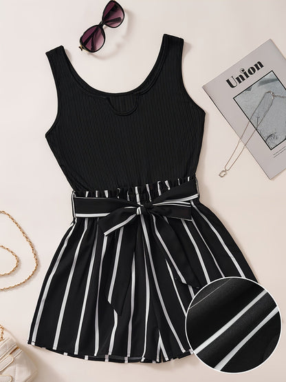 Women's Elegant Jumpsuit with Stripes and Waist Belt – Sleeveless Summer Romper for Leisure & Vacation
