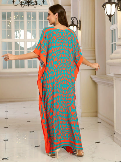Women's Boho Kaftan Maxi Dress with V-Neck – Elegant Casual Dress for Summer and Vacation