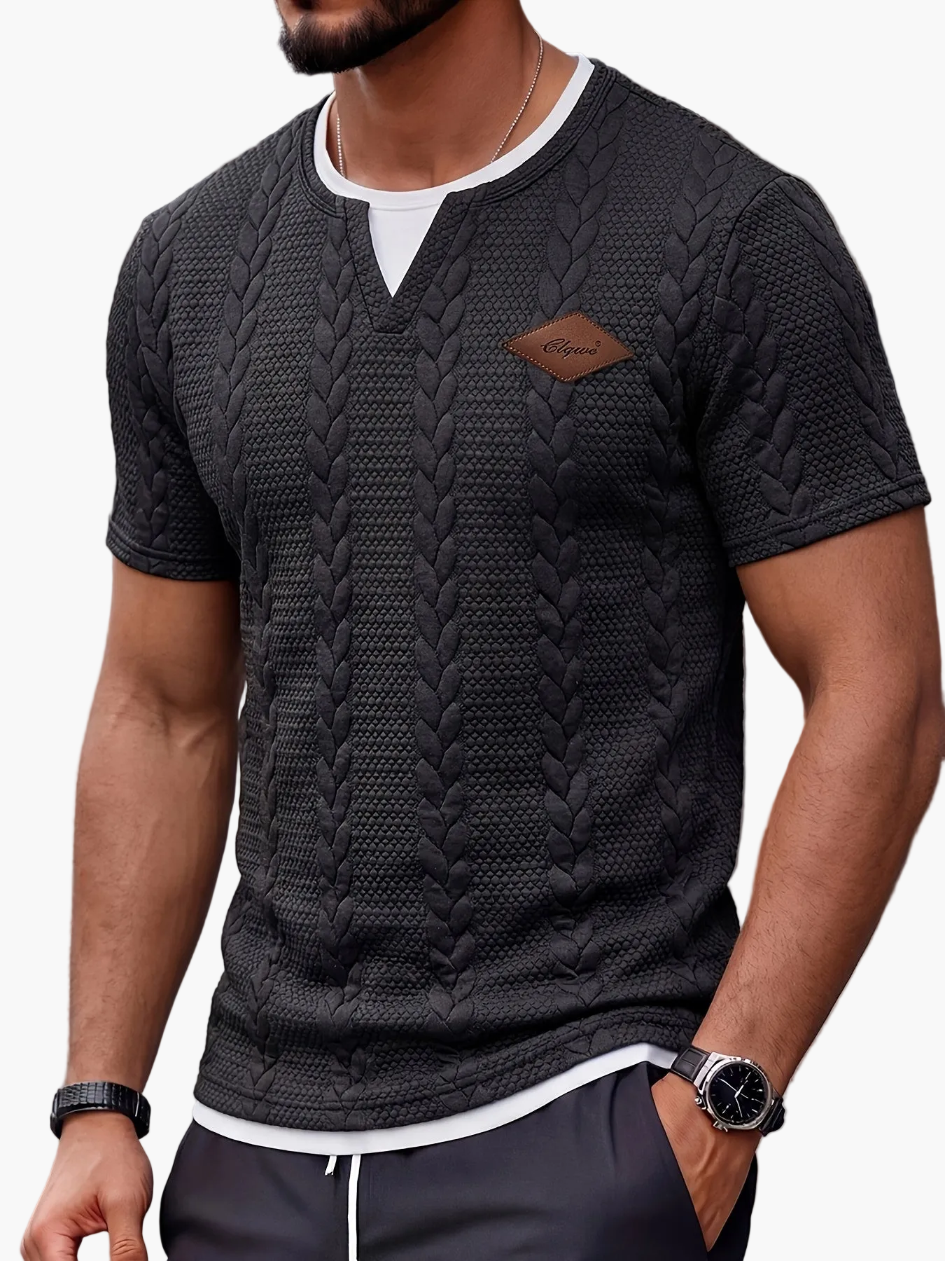 Men's Short-Sleeve Knit T-Shirt with Cable Pattern – Fashionable Casual Shirt for Summer & Everyday Wear