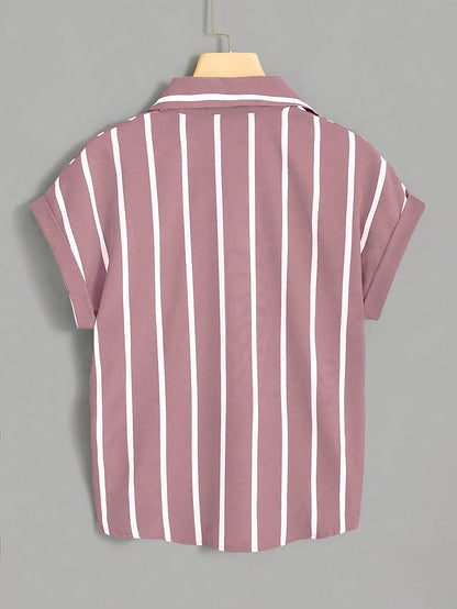 Women's Short-Sleeve Striped Blouse with Knot and Chest Pocket – Summer, Elegant, Casual