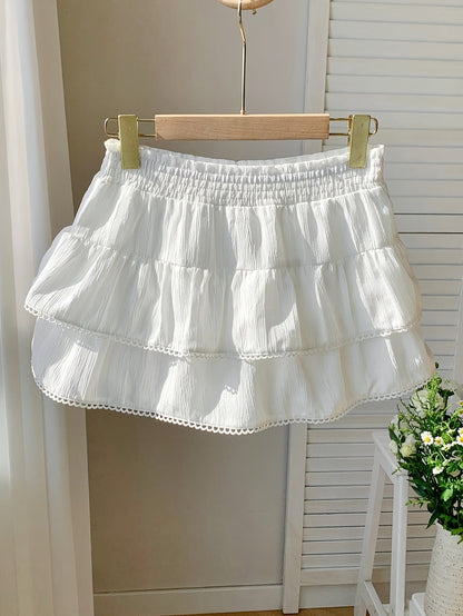 Women's summer mini skirt with ruffles and elastic waistband – Playful boho style for leisure and vacation