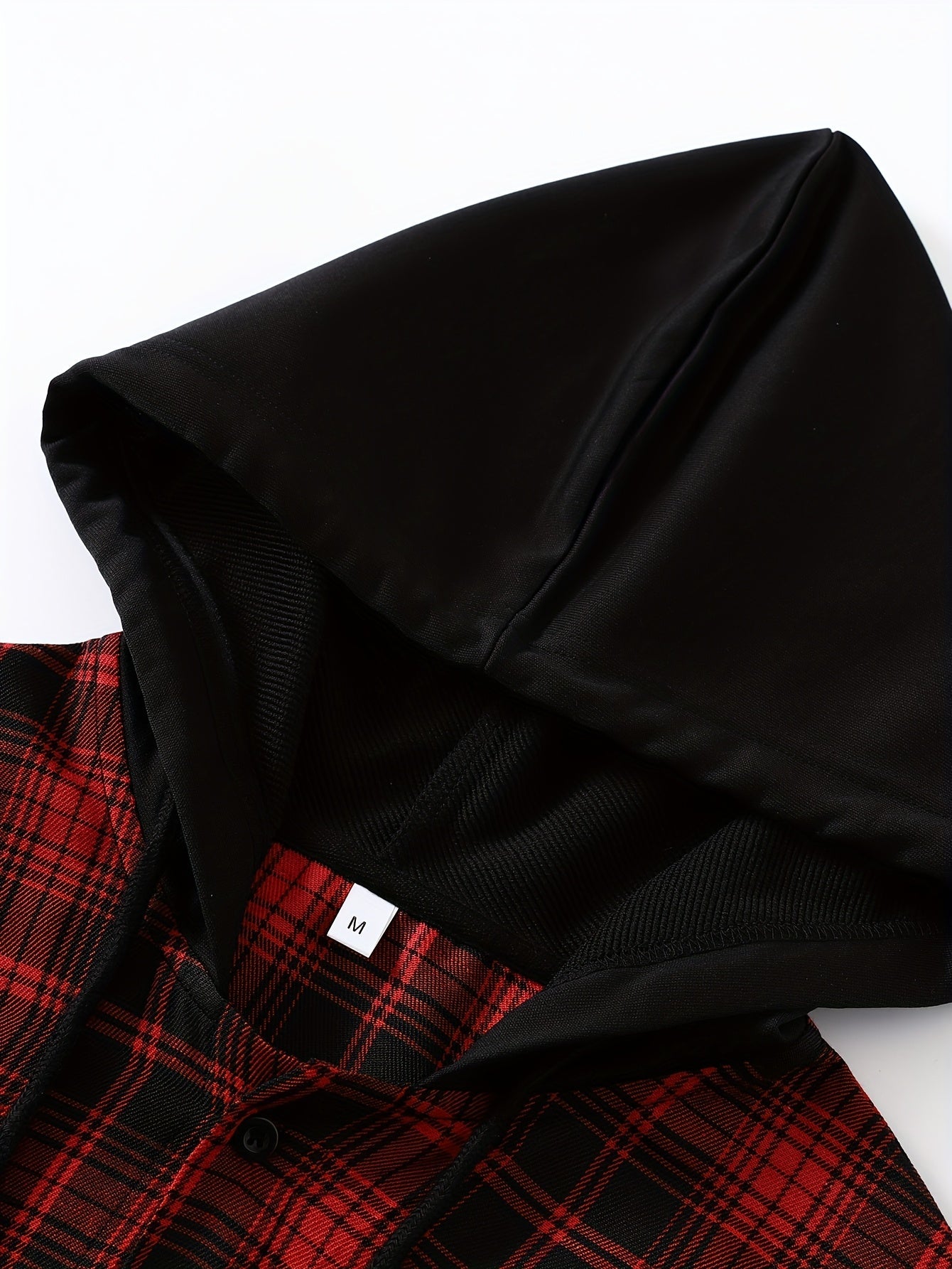 Men's checkered shirt jacket look, black and red grid pattern, hooded, long-sleeved