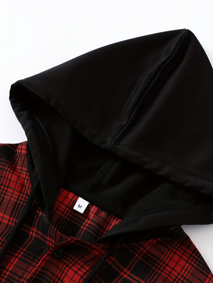 Men's checkered shirt jacket look, black and red grid pattern, hooded, long-sleeved