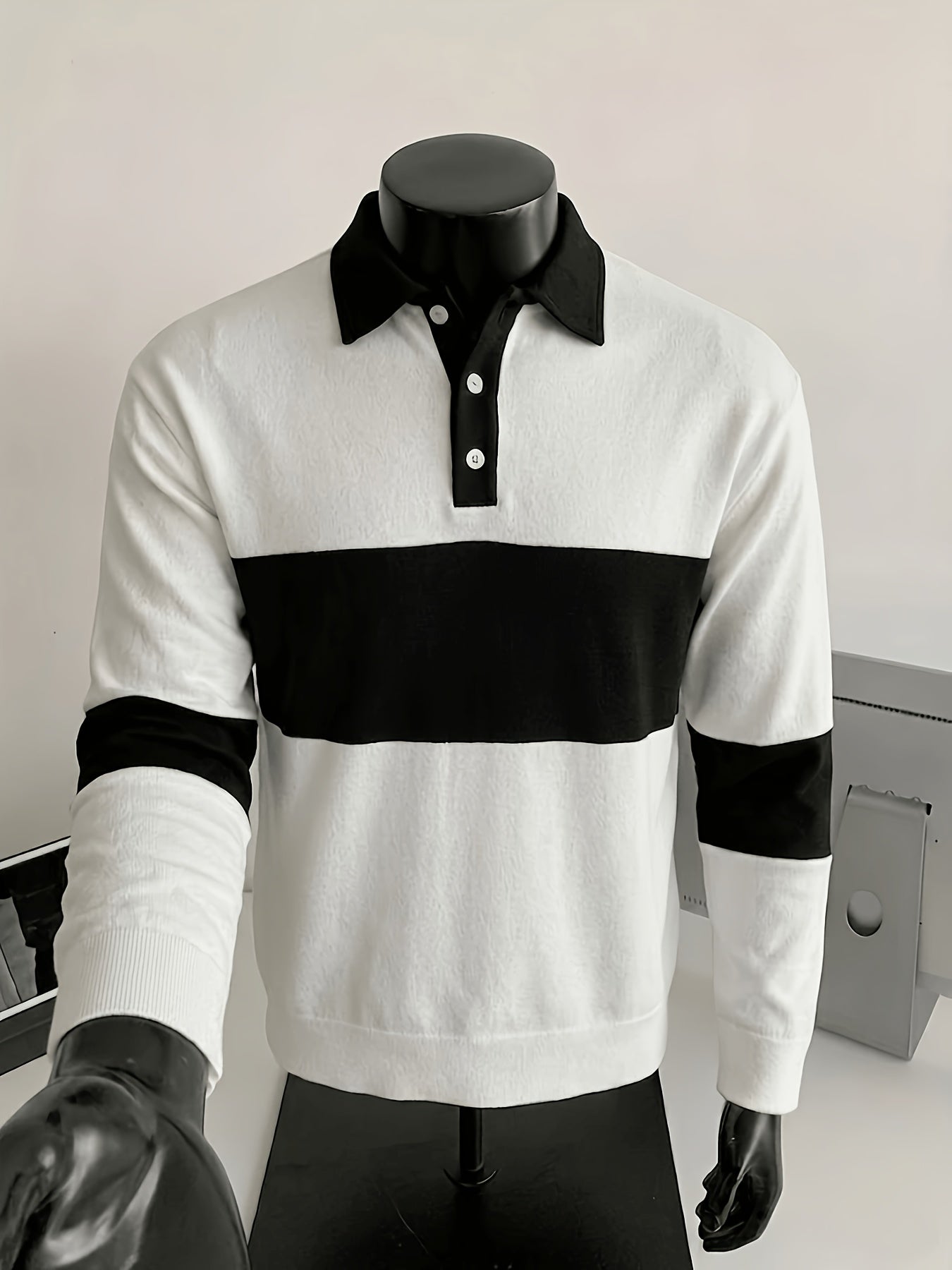Men's long-sleeve striped rugby shirt with a polo collar, dark gray and black