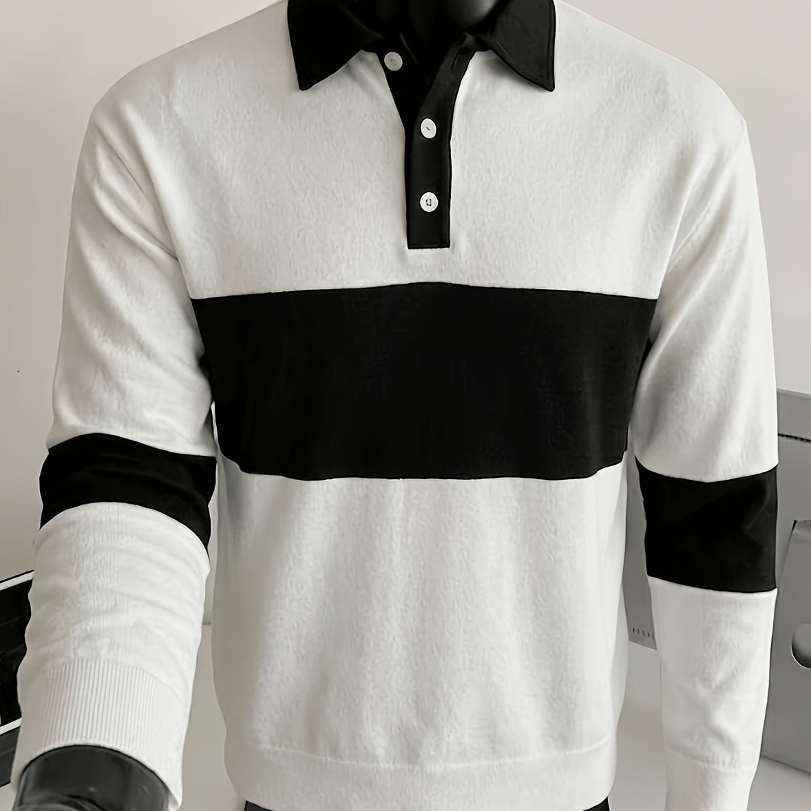 Men's long-sleeve striped rugby shirt with a polo collar, dark gray and black