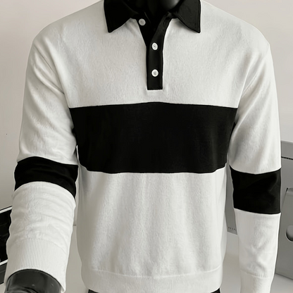 Men's long-sleeve striped rugby shirt with a polo collar, dark gray and black