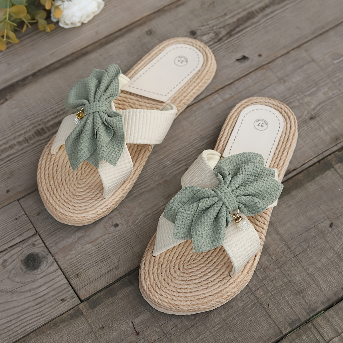 Women's Vintage Summer Slides with Large Bow and Toe Strap – Comfortable Casual Sandals