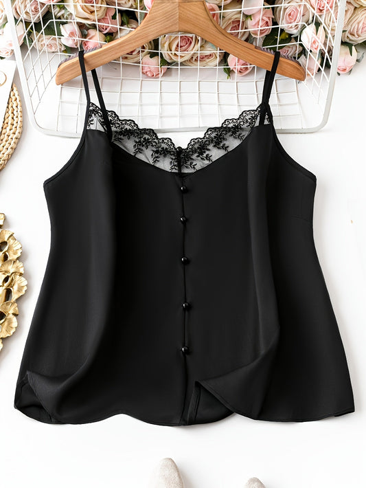 Women's spaghetti strap top with button placket and lace trim – Elegant blouse for everyday wear and special occasions