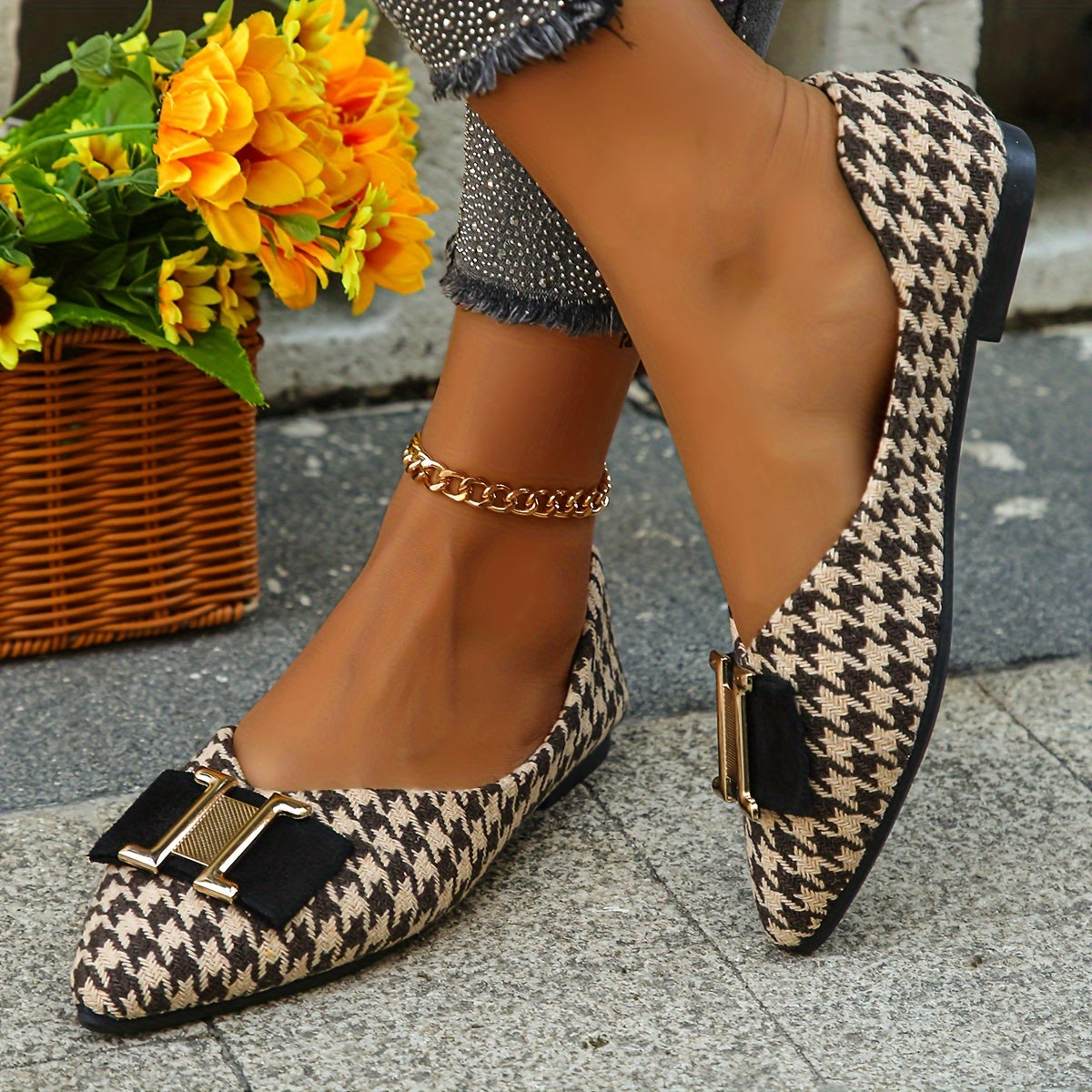 Women's Elegant Houndstooth Lace Shoes with Bow Detail – Stylish Everyday Ballet Flats for Spring & Office