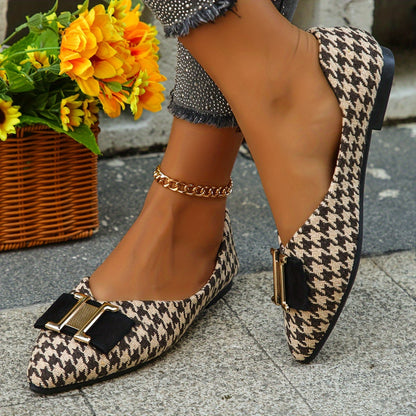 Women's Elegant Houndstooth Lace Shoes with Bow Detail – Stylish Everyday Ballet Flats for Spring & Office
