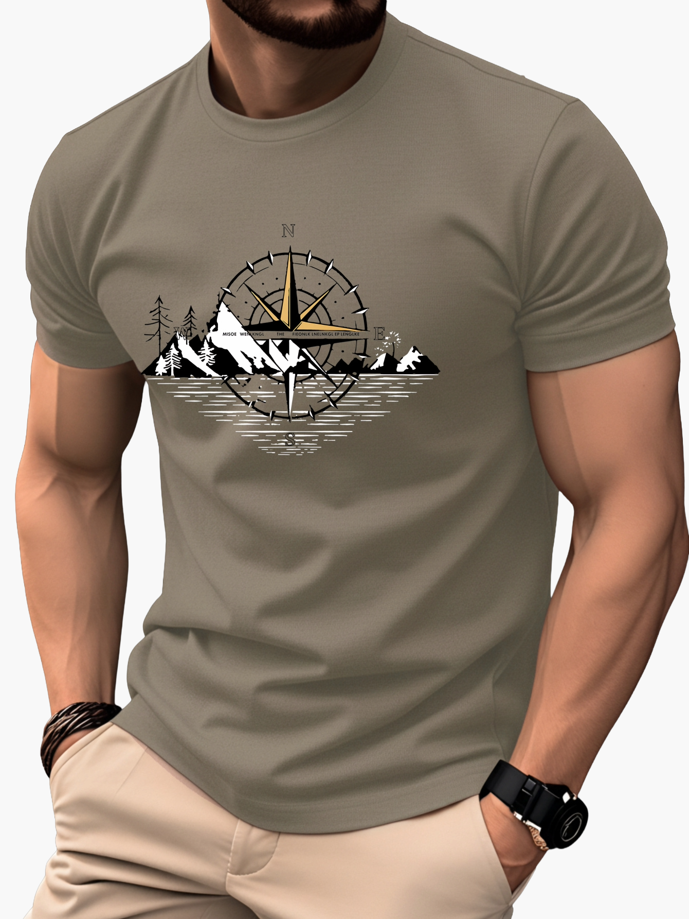 Men's T-Shirt with Compass and Mountain Design – Outdoor Adventure & Casual Look