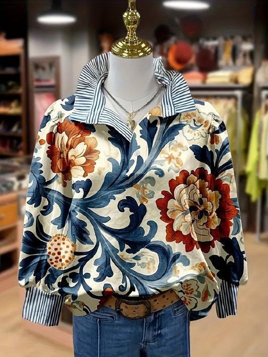 Women's blouse with a floral pattern, striped collar and cuffs, long sleeves