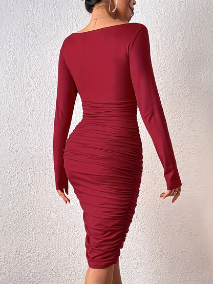 Women's Elegant Bodycon Cocktail Dress with V-Neck and Ruching – Perfect for Evening Events and Parties
