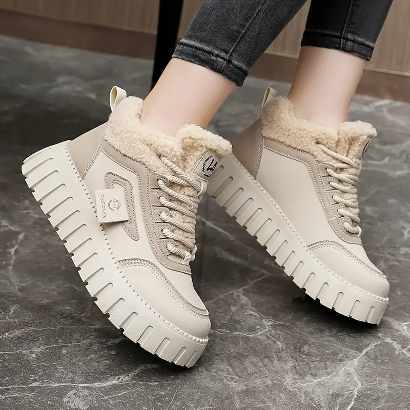 Women's beige and black platform sneakers with lining
