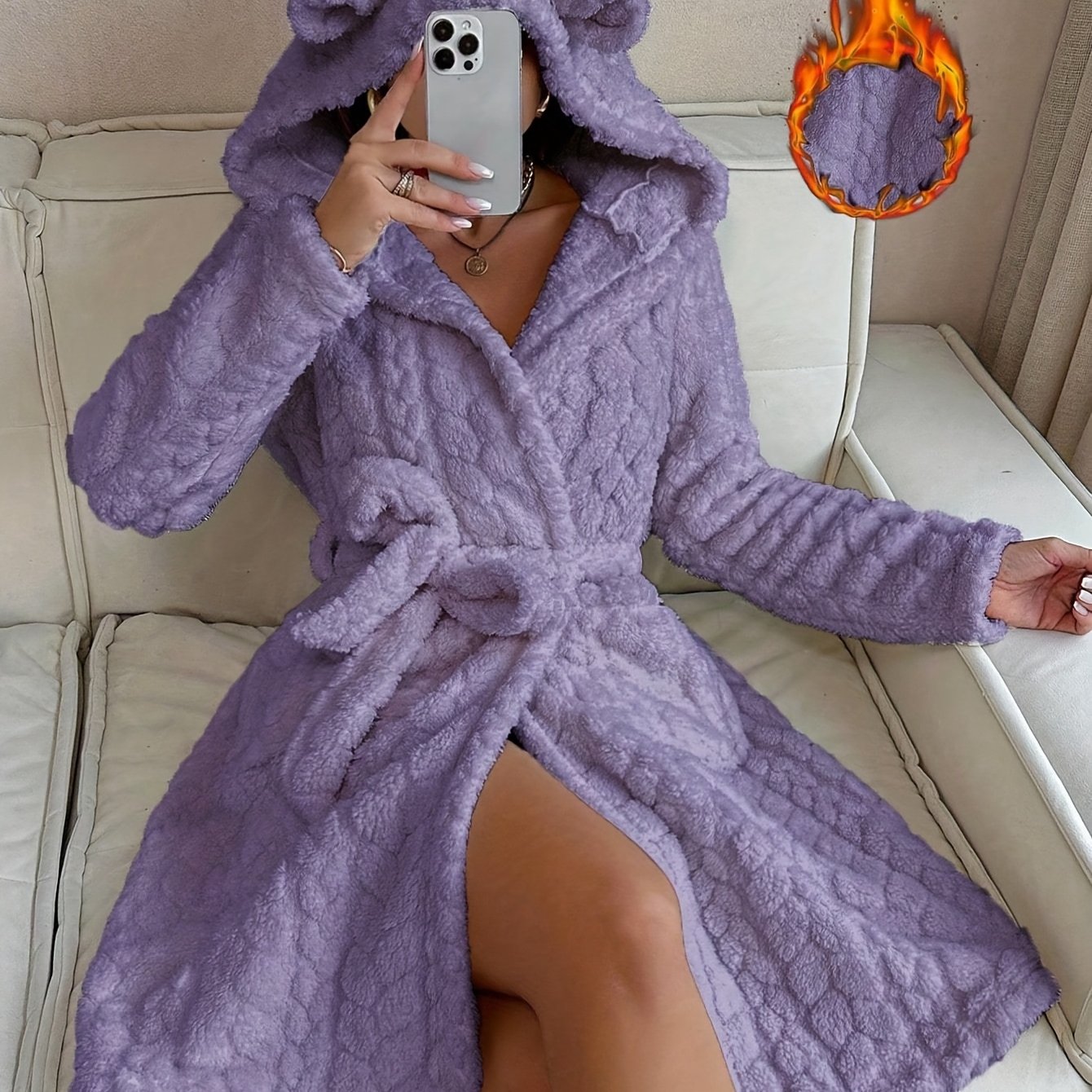 Women's long fluffy bathrobe with hood and ears, lilac purple