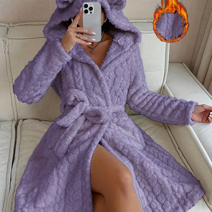 Women's long fluffy bathrobe with hood and ears, lilac purple