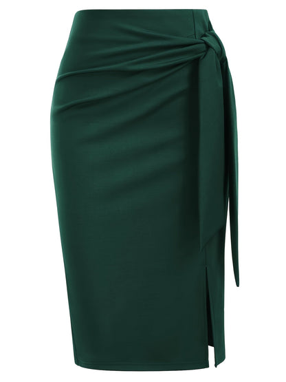 Women's Elegant Midi Skirt with Bow Detail and Slit – Perfect for Office & Festive Occasions